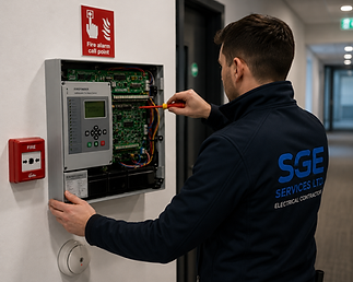 SGE Services electrician servicing a fire alarm control panel in a corridor