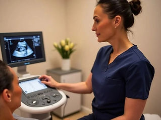 Andrea, owner of MedHealth, examining ultrasound scan results with a client