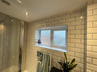 White subway tile bathroom with window and plant