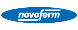 Novoferm's logo, white text on a blue background