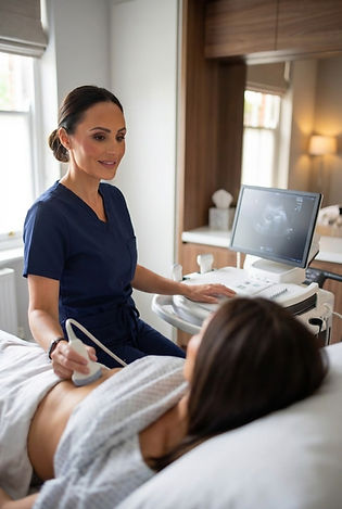 a woman, scanning anothers stomach during an appointment