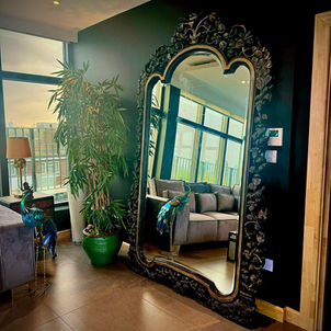 Large arched black mirror leaning against a wall in Shoot Location, plants around the room, dark colour walls