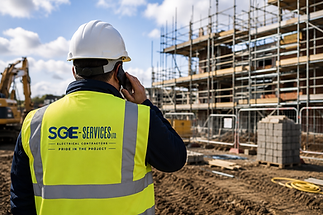 A construction worker wearing a yellow SGE Services vest and helmet talks on a phone at a busy construction site