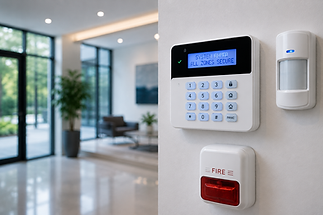 Wall-mounted digital security alarm keypad installed in a modern office hallway