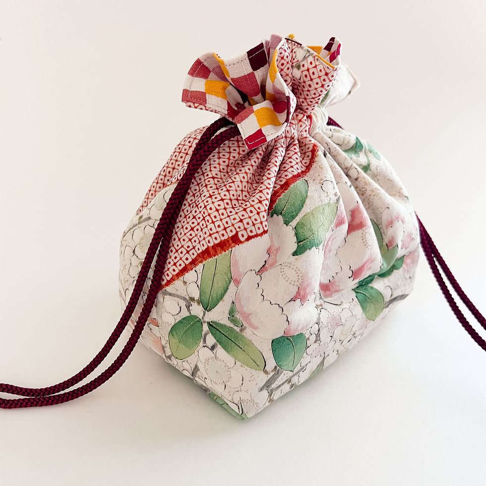 Red & Green on White Silk Kinchaku