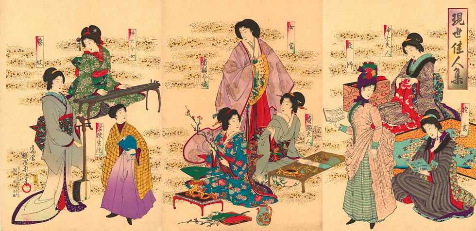 Women in various outfits. Woodblock print titled "Gensei kajin shû" (Beautiful Women of the Present Day) by Yōshū Chikanobu (1890)