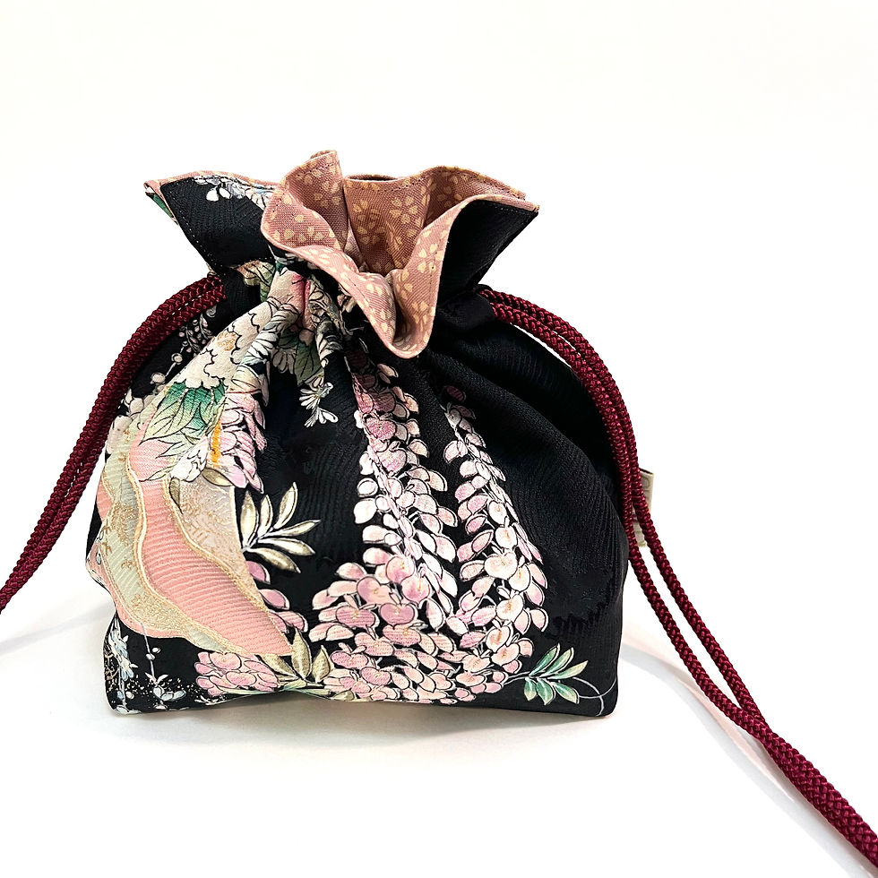 Black and Pink Floral Silk Kinchaku