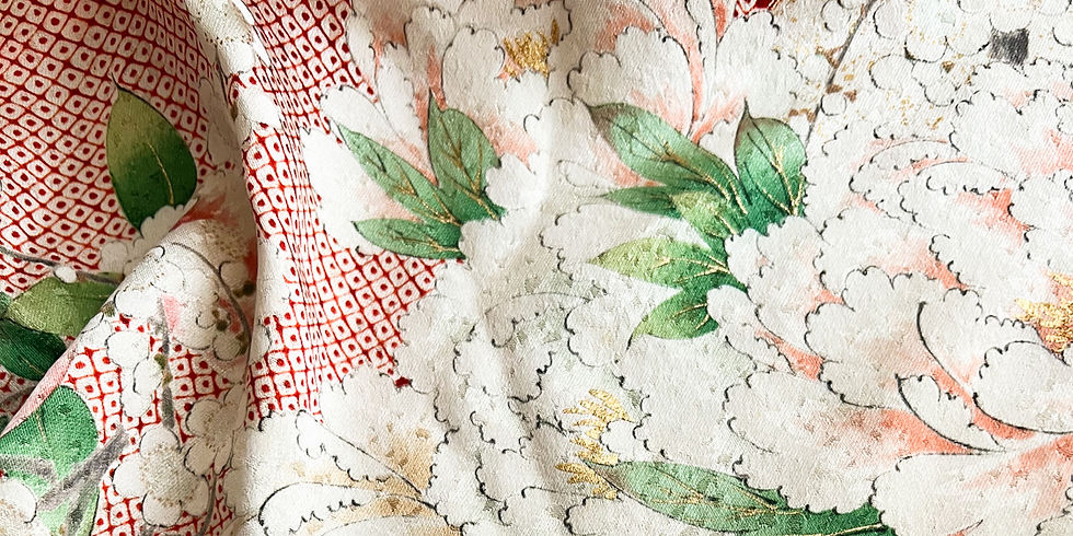 Peony printed vintage Kimono silk kinchaku by KIMONO KOMONO