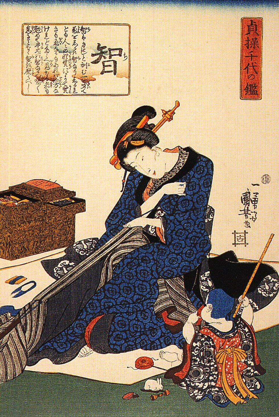 A ukiyo-e (woodblock print) by Utagawa Kuniyoshi of a woman hand-sewing Kimono