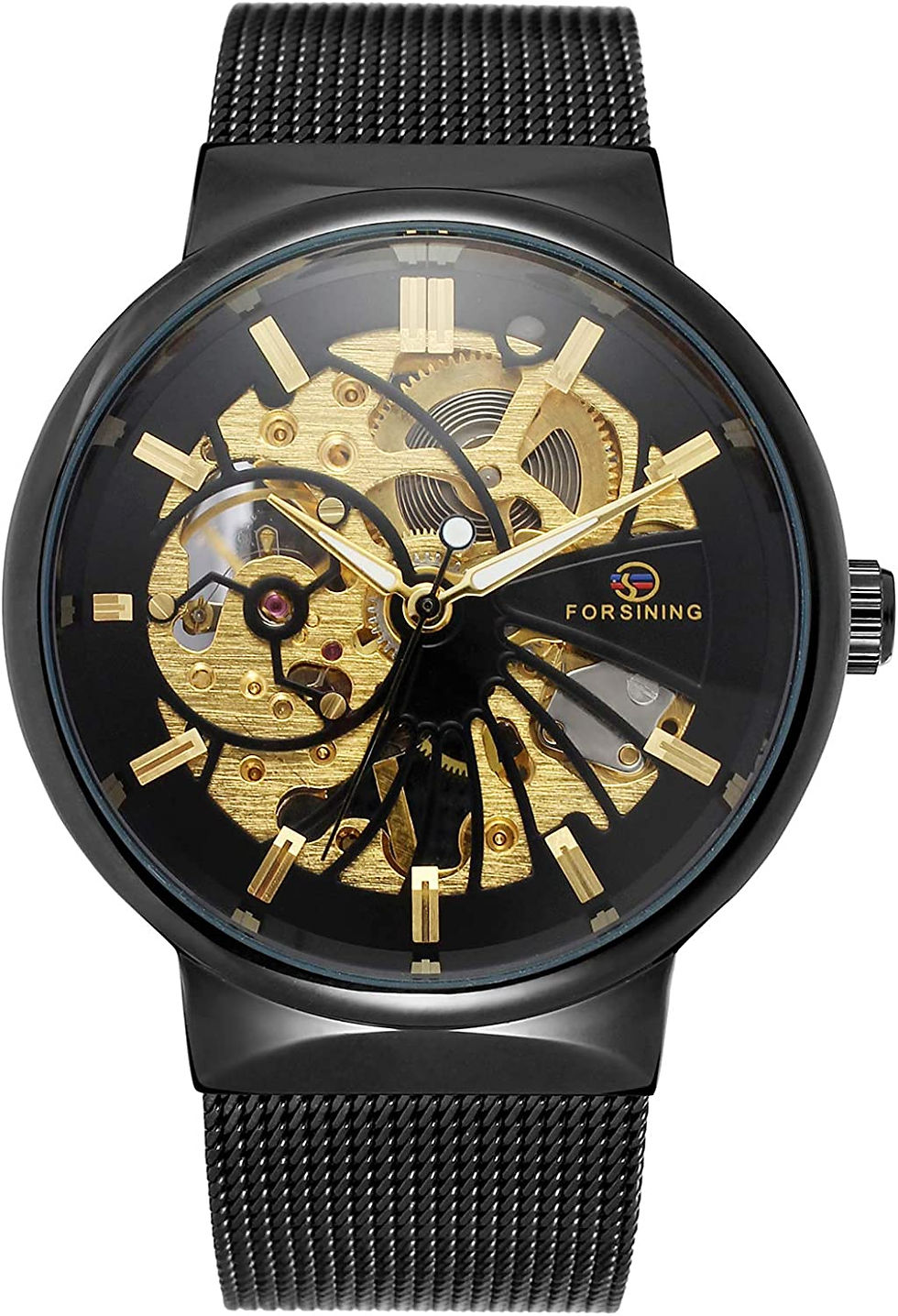 Miniatura: Reloj Mecánico Automático Forsing Negro Dorado Correa de Malla