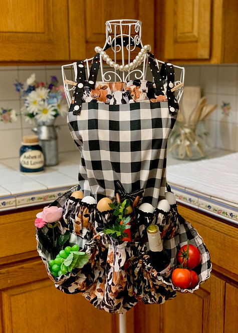 Happy Harvest & Egg Gathering Reversible Cotton Apron - Happy Cows & Black Check