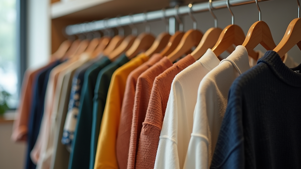 Close-up of a trendy clothing rack showcasing various tops