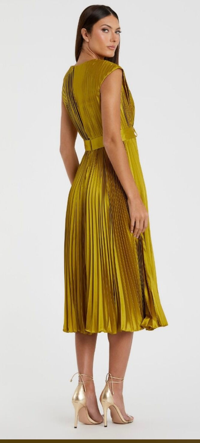 Thumbnail: Chartreuse Pleated Dress with Belt / Sizes 4, 6 & 12