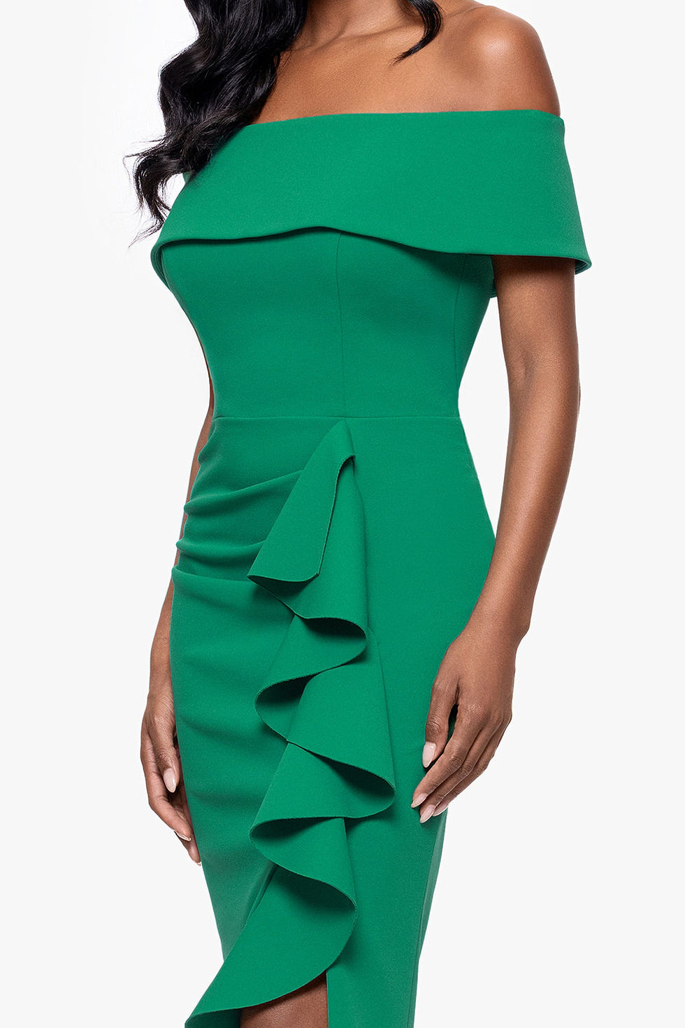 Thumbnail: "KOURTNEY" SCUBA CREPE OFF THE SHOULDER RUFFLE MIDI / Size 4