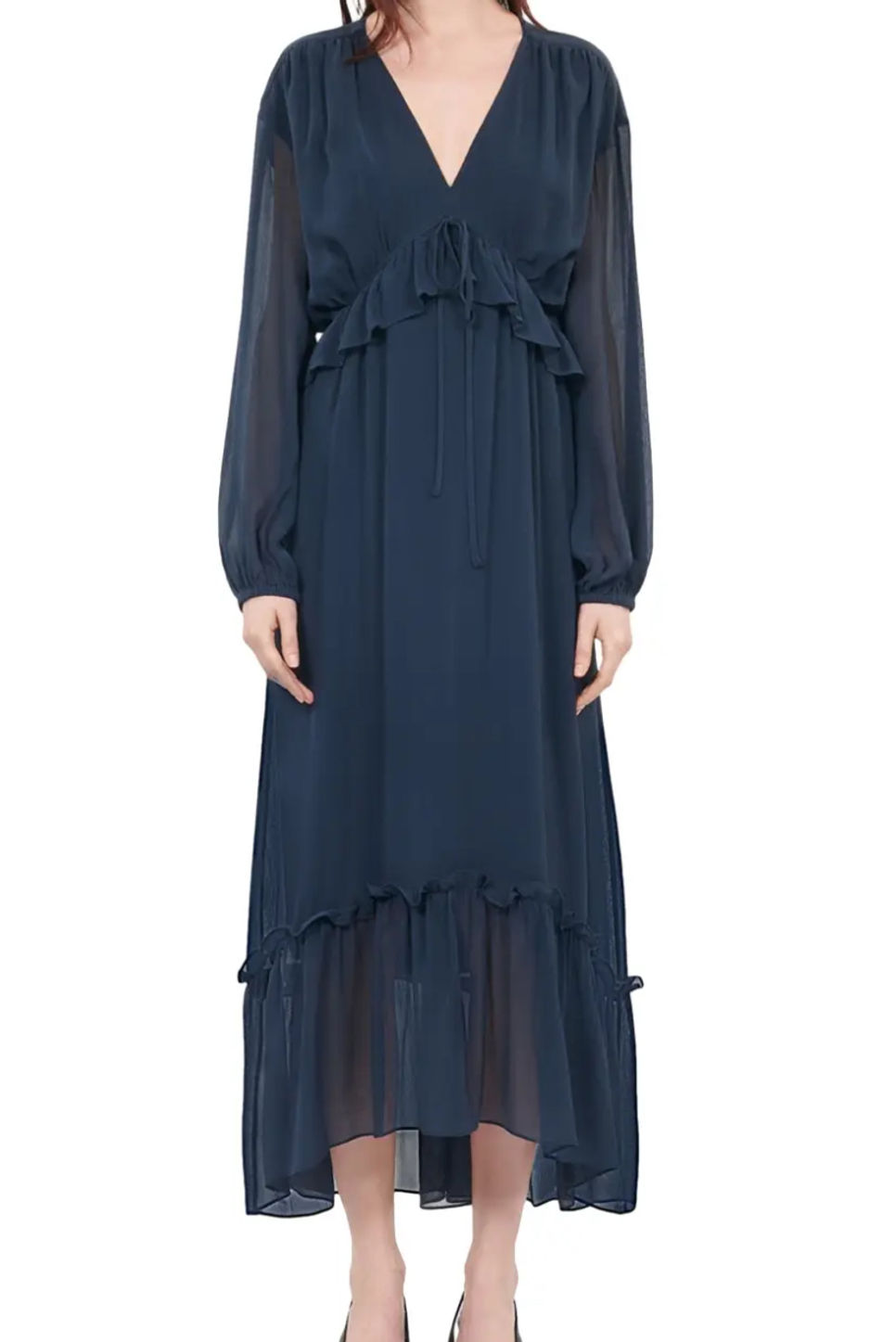 Thumbnail: 100% Silk Navy Long Sleeved Dress / Size S