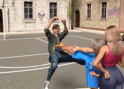 3D-render of a young couple sharing a passionate kiss while another teen boy stands nearby in a fighting stance, tension filling the scene.