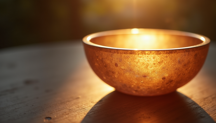 Close-up view of a crystal singing bowl used for sound healing