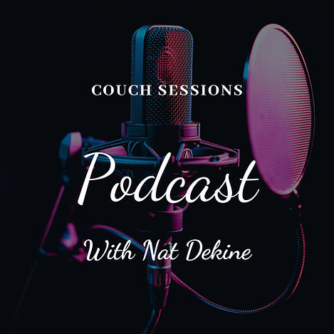 A purple microphone with a black background that reads couch sessions podcast