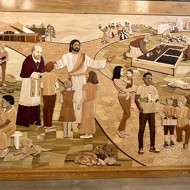Large intarsia.
Church intarsia.
Largest intarsia in US.
Religious intarsia.