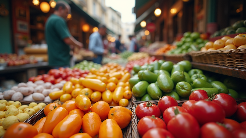 Eye-level view of a vibrant outdoor market filled with colorful products