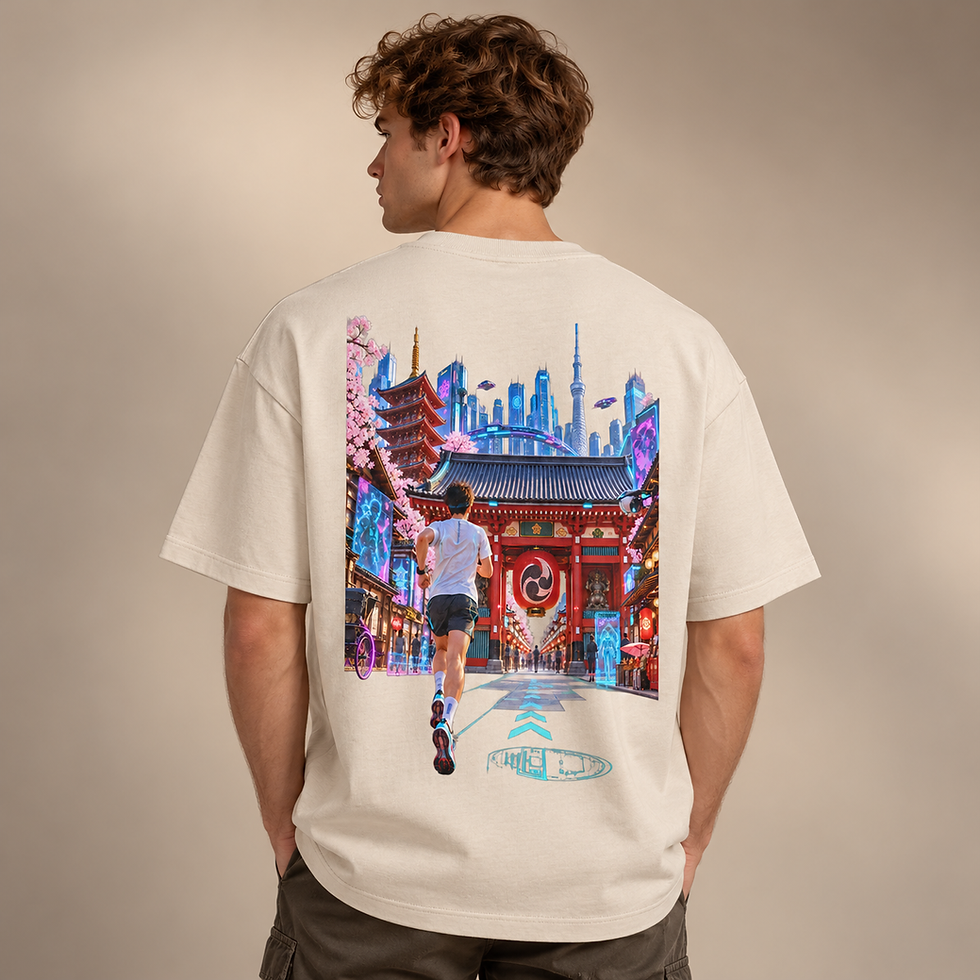 Cream Asakusa Cyberpunk organic cotton T-shirt on a male model, back view showing the print in a studio