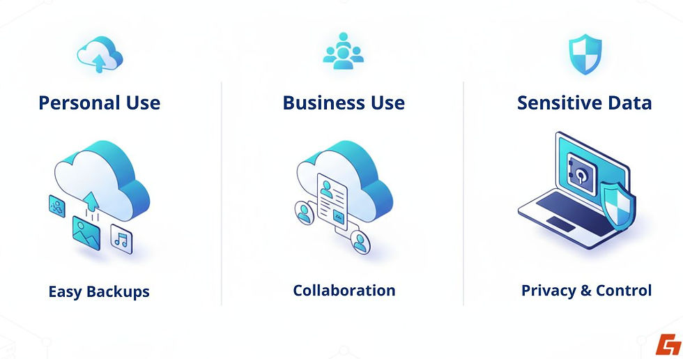 Cloud vs local storage uses for personal, business, and sensitive data