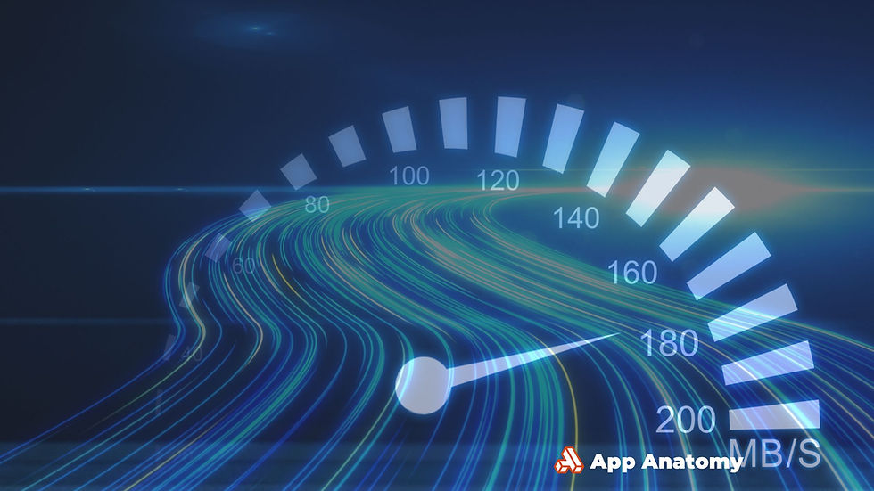 Speedometer overlaid on glowing data streams, symbolizing fast internet speeds and how VPNs can help bypass ISP throttling