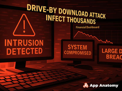 Multiple red warning screens and a dropping financial graph show the massive impact of drive-by attacks on data, systems, and businesses.
