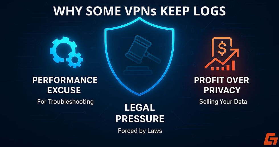 Infographic showing reasons VPNs keep logs: performance, legal pressure, and profit