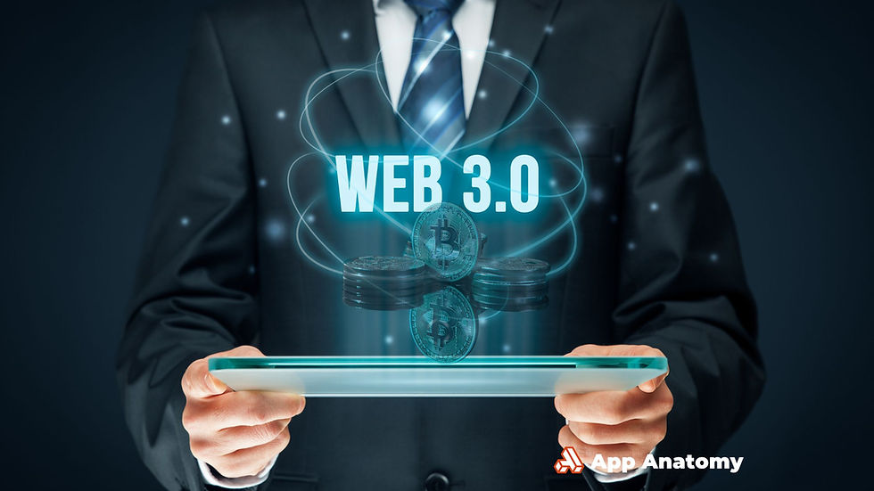 Businessperson holding a digital tablet displaying a glowing "Web 3.0" hologram above cryptocurrency coins, symbolizing decentralized internet and blockchain innovation.