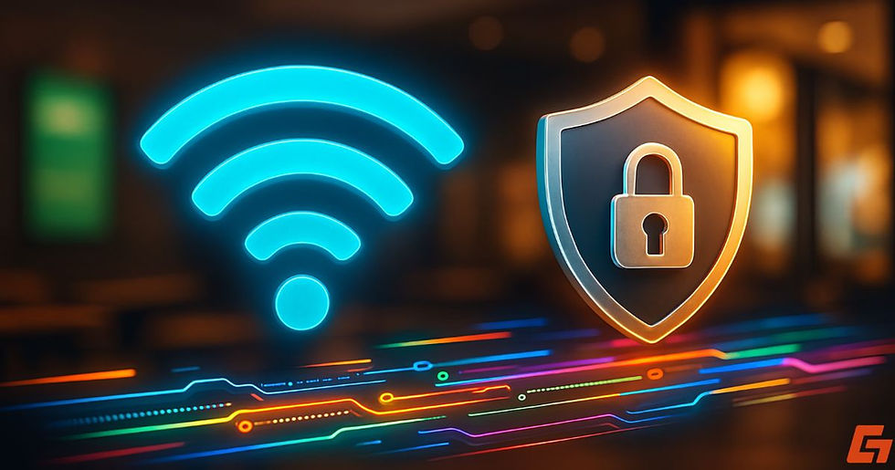 Conceptual illustration showing VPN on public WiFi with shield icon, glowing WiFi symbol, and encrypted data in a public space