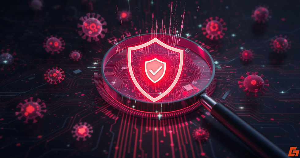 Heuristic analysis shield under magnifying glass banner