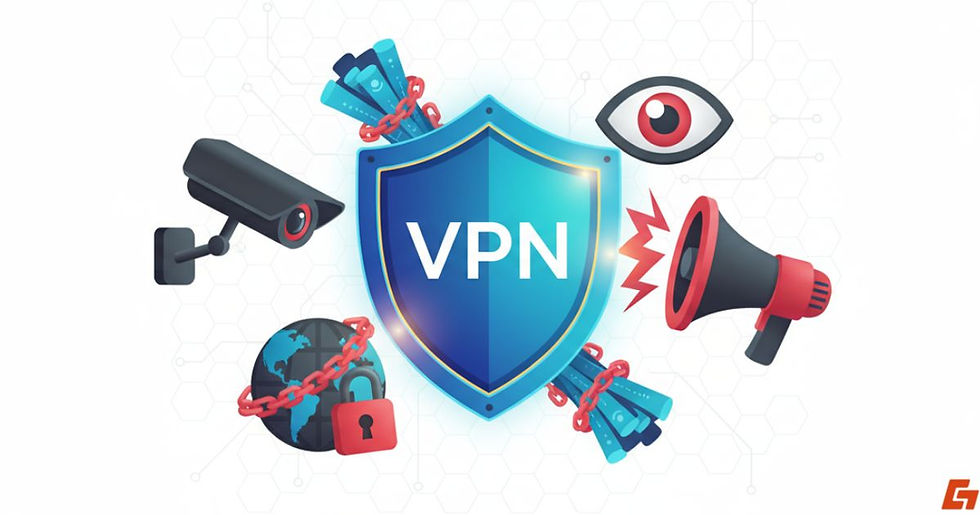 VPN shield surrounded by surveillance and censorship icons