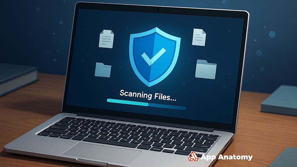 Laptop running a basic antivirus scan with file icons and a security shield