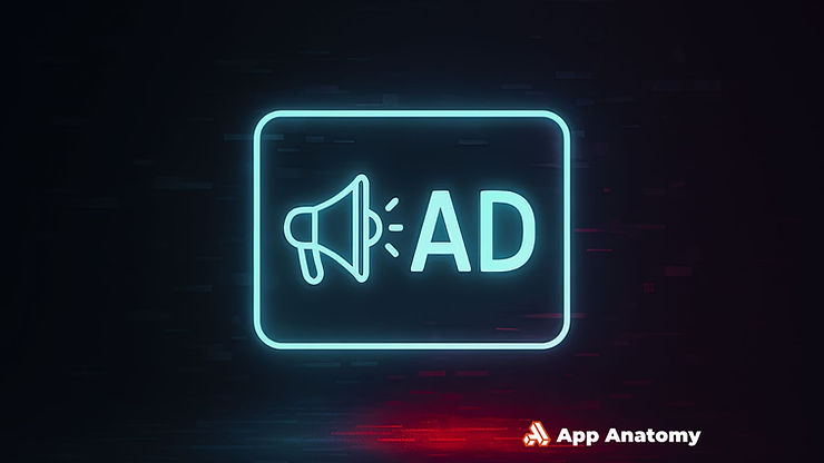 A glowing neon icon with a megaphone and the word "AD" on a dark background represents the deceptive nature of malvertising in online advertising environments.