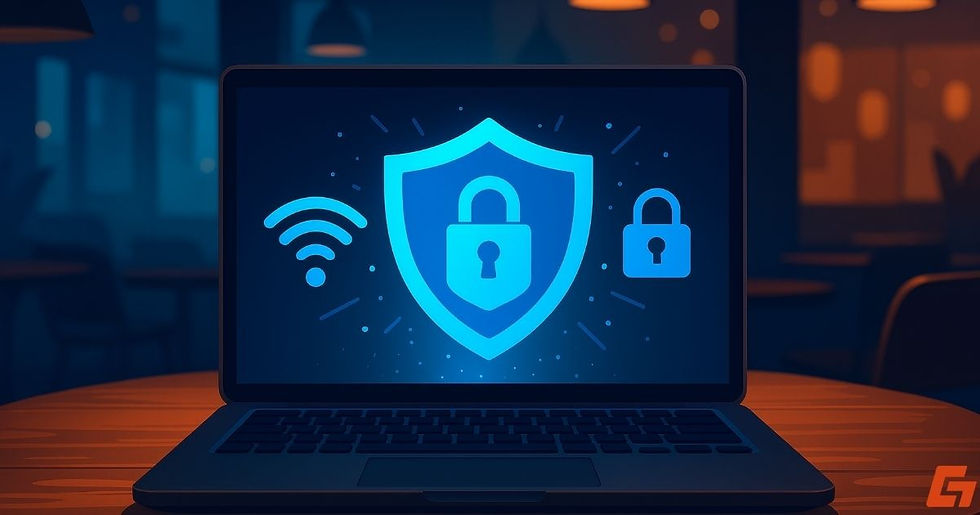 VPN on public WiFi illustration showing a secured laptop with shield icon, lock symbol, and glowing WiFi protection in a public space