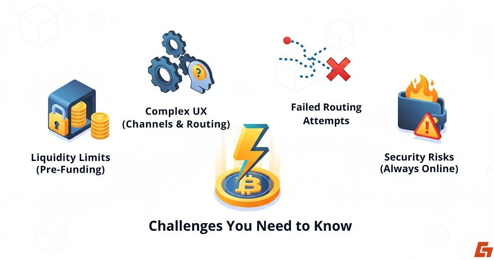 Infographic showing the challenges of the Lightning Network.