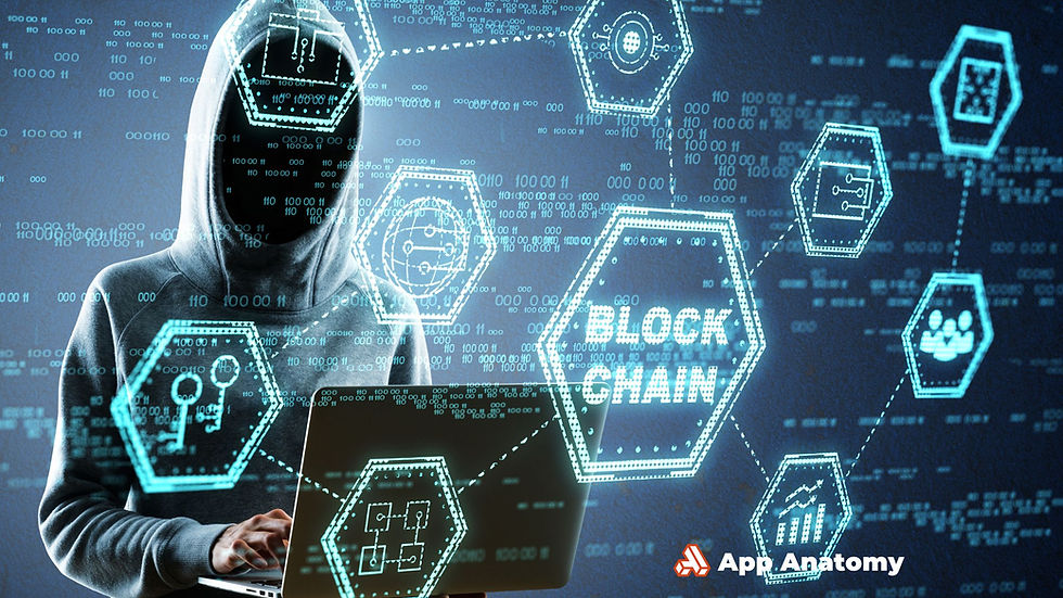 A hooded figure using a laptop surrounded by glowing blockchain icons and data streams, symbolizing Layer 1 and Layer 2 solutions in blockchain scalability.