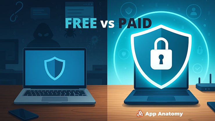 Side-by-side laptops showing free and paid antivirus protection in contrasting environments