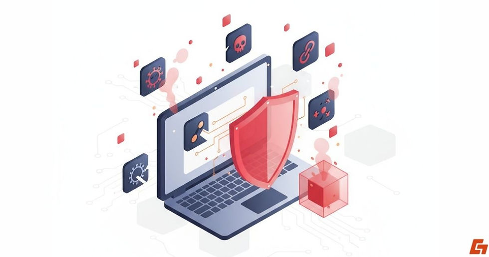 Laptop with antivirus shield blocking malware and viruses