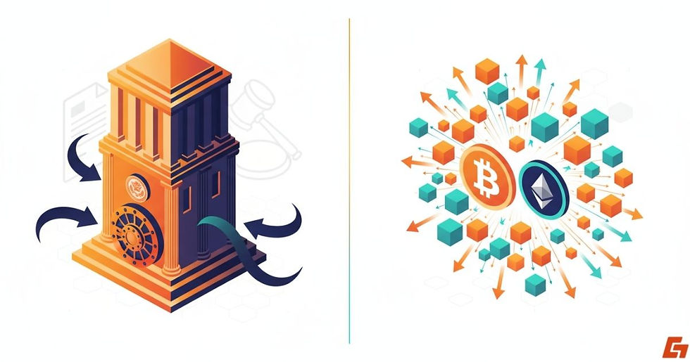 Illustration contrasting centralized bank vaults with decentralized crypto networks