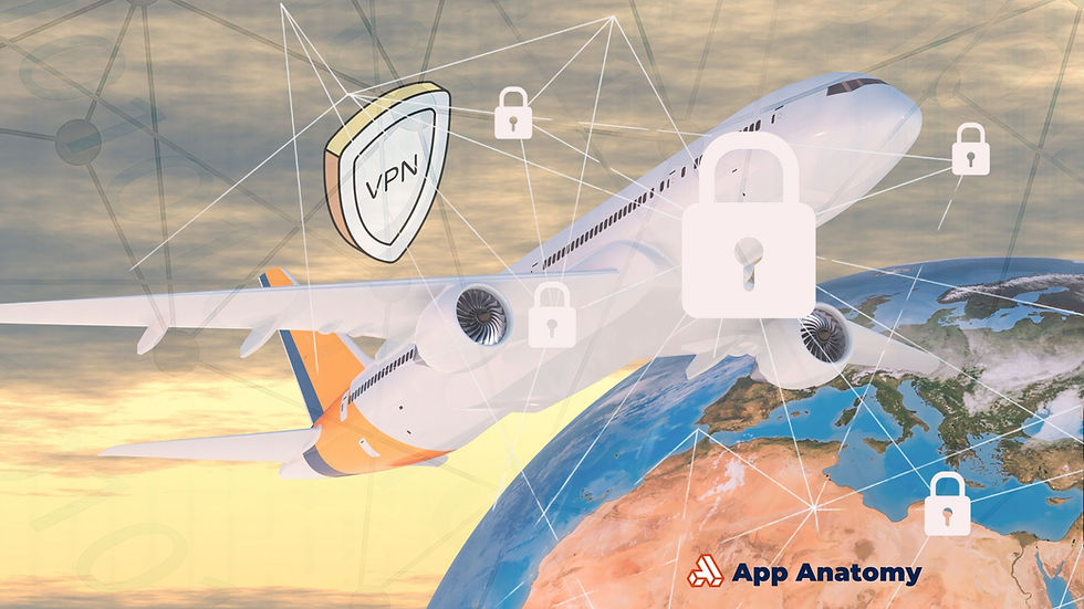 Airplane flying over Earth with digital VPN shield and padlock icons, symbolizing secure internet access while traveling.