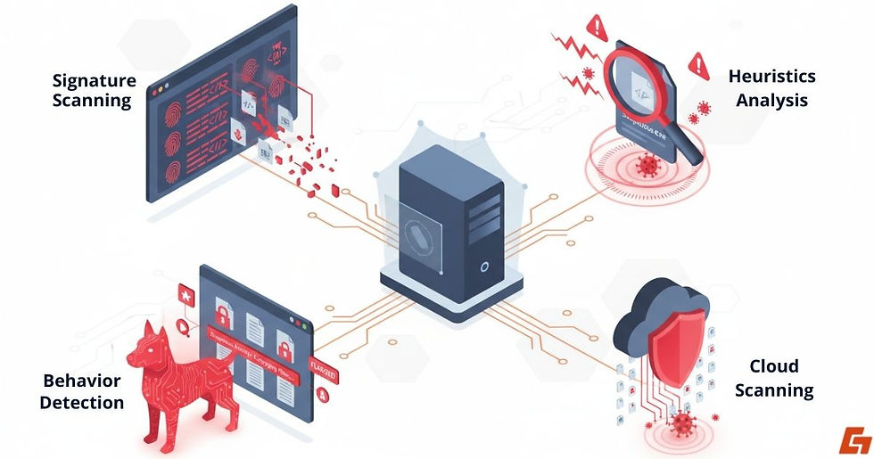 Antivirus detection using signature, heuristics, behavior, and cloud scanning
