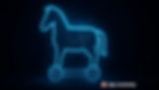 Glowing blue digital Trojan horse made of binary on a dark background.