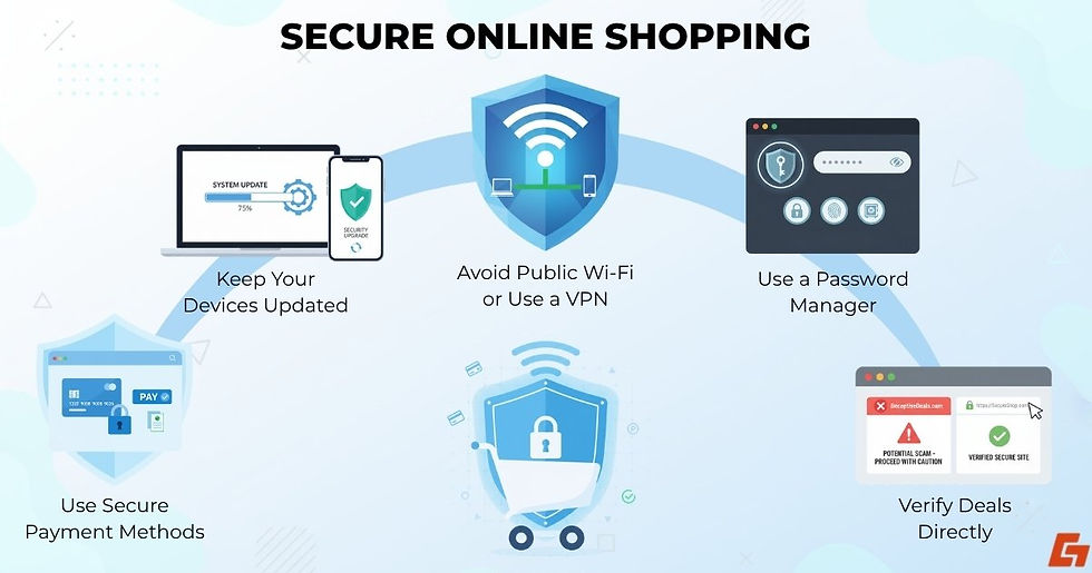 Cybersecurity icons showing VPN, password manager, and secure payment tips.