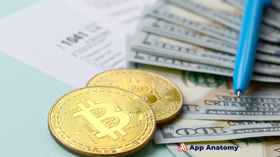 Bitcoin coins, U.S. dollar bills, tax form, and pen, symbolizing cryptocurrency taxation and financial reporting.
