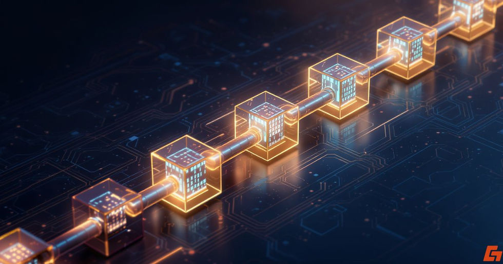 Blockchain technology banner with glowing digital blocks connected