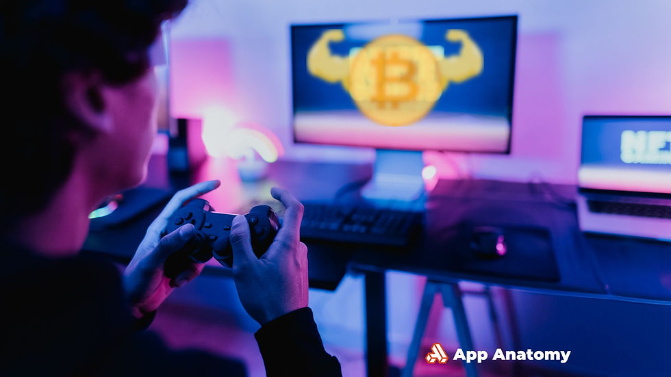 Person holding a game controller in front of a screen displaying a flexing Bitcoin symbol, representing the fusion of crypto and gaming.