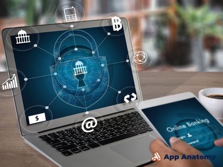 Person using a tablet with online banking login screen next to a laptop displaying financial icons and a digital lock, symbolizing VPN protection for secure online banking.