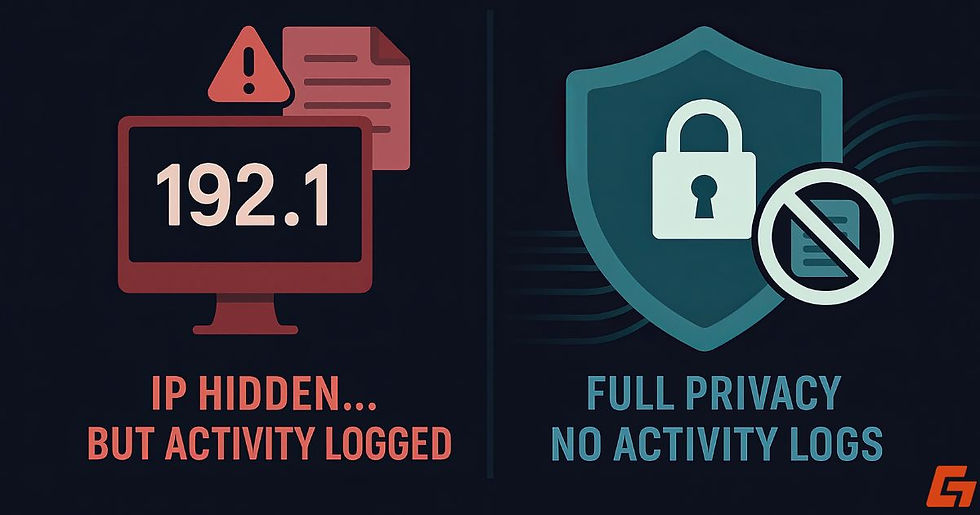 Side-by-side illustration comparing proxy logs versus VPN no-logs privacy protection.